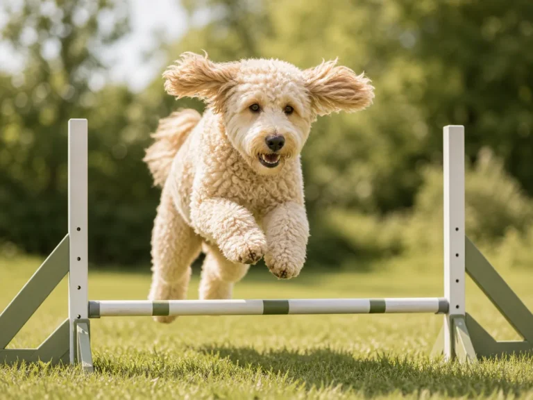 Doodle springt über eine niedrige Agility-Hürde auf einem Rasenplatz