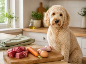 Doodle vor Schneidebrett mit rohem Fleisch und Gemüse — BARF-Einstieg
