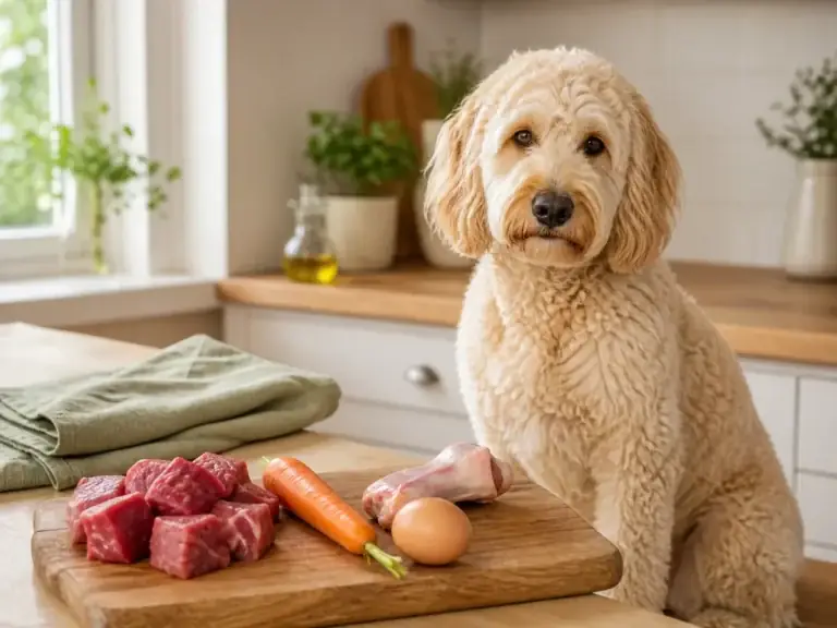 Doodle vor Schneidebrett mit rohem Fleisch und Gemüse — BARF-Einstieg