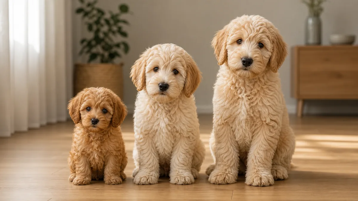 Drei Doodle-Welpen unterschiedlicher Größen — Cavapoo, Mini-Goldendoodle, Standard-Goldendoodle — sitzen nebeneinander