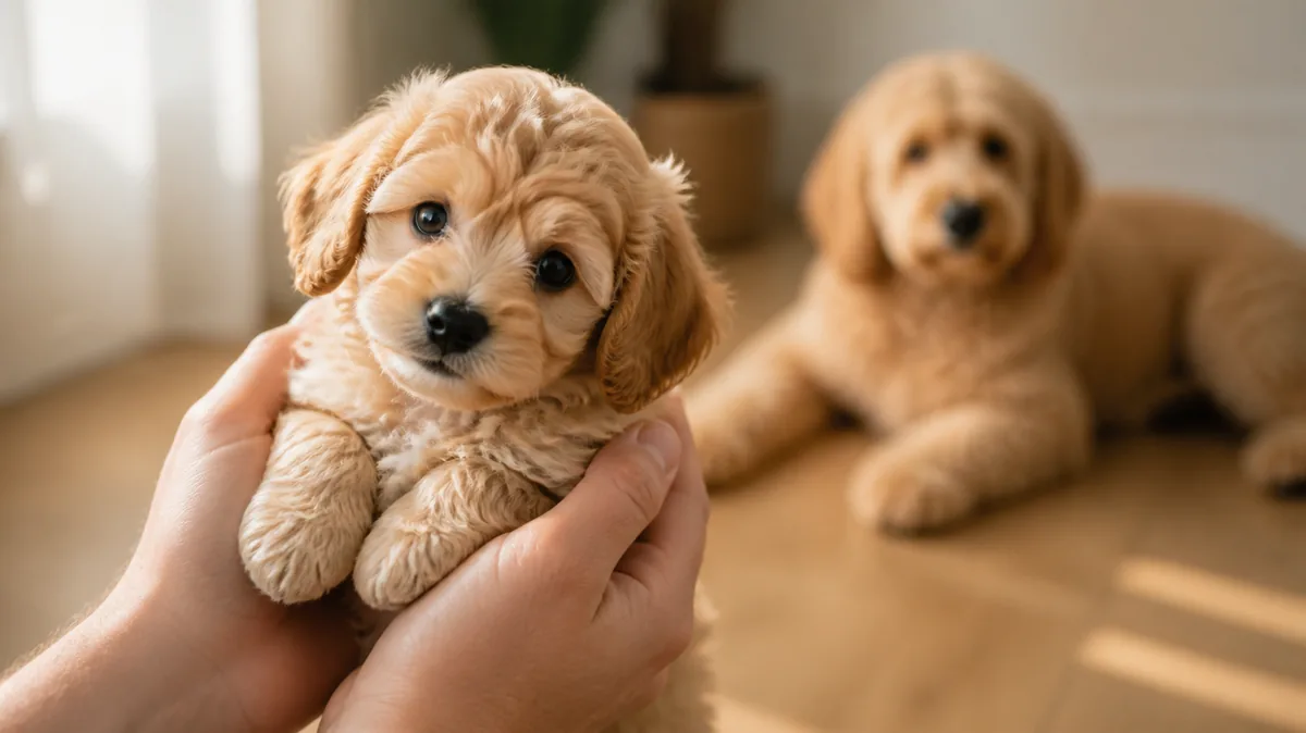 Doodle-Welpe wird in zwei Händen gehalten, im Hintergrund die Mutterhündin — Übergabe-Moment
