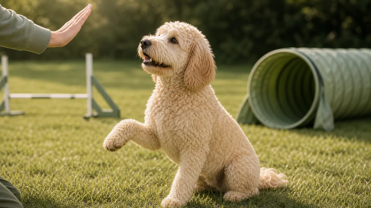 Doodle beim Training mit Halter auf Wiese — Hundesport