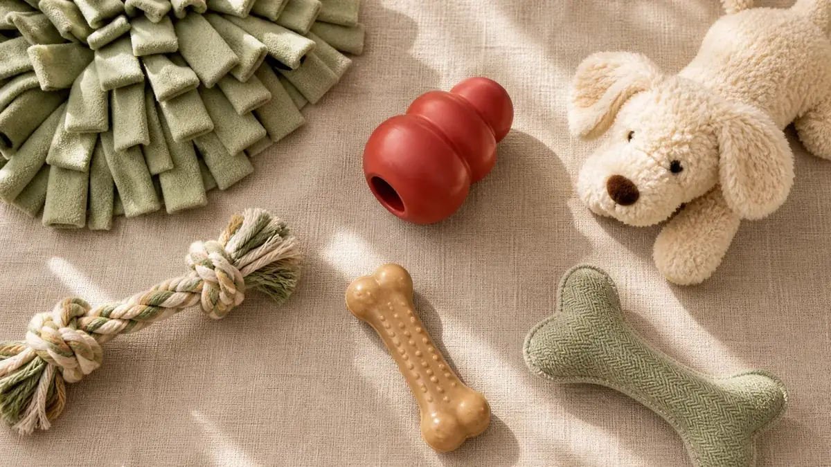 Flat-Lay verschiedener Hundespielzeuge auf Leinenuntergrund