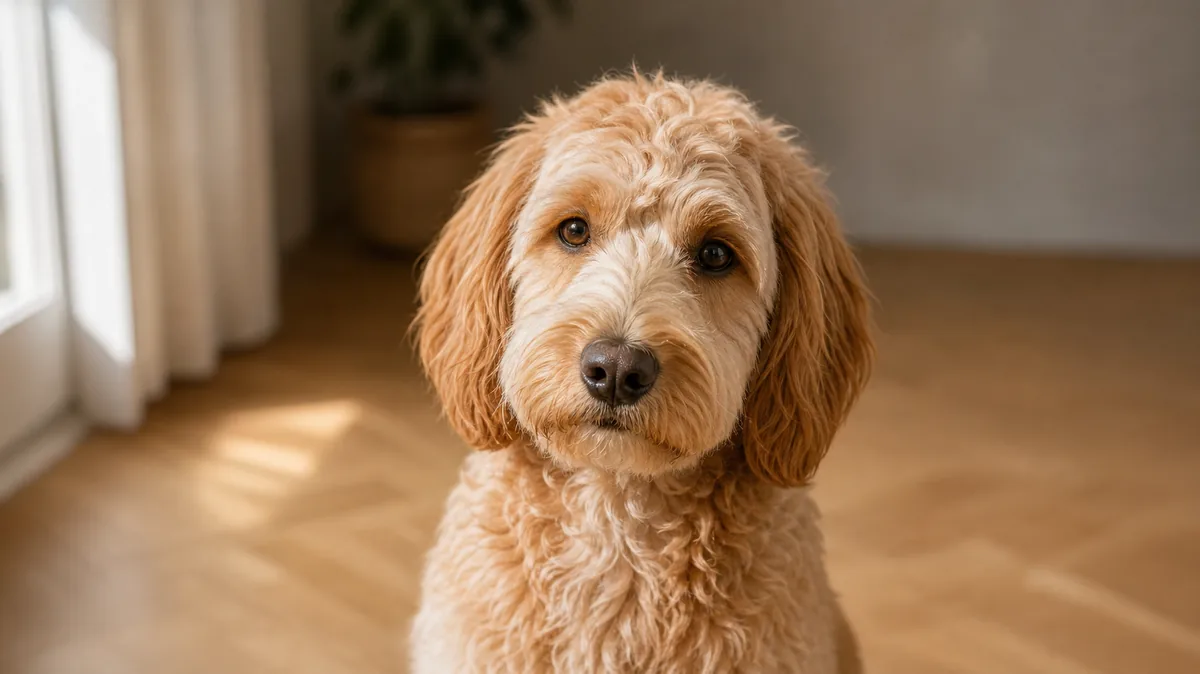 Junger Doodle (12-18 Monate) sitzt aufmerksam vor der Kamera, ruhig konzentrierter Blick, weicher Indoor-Hintergrund