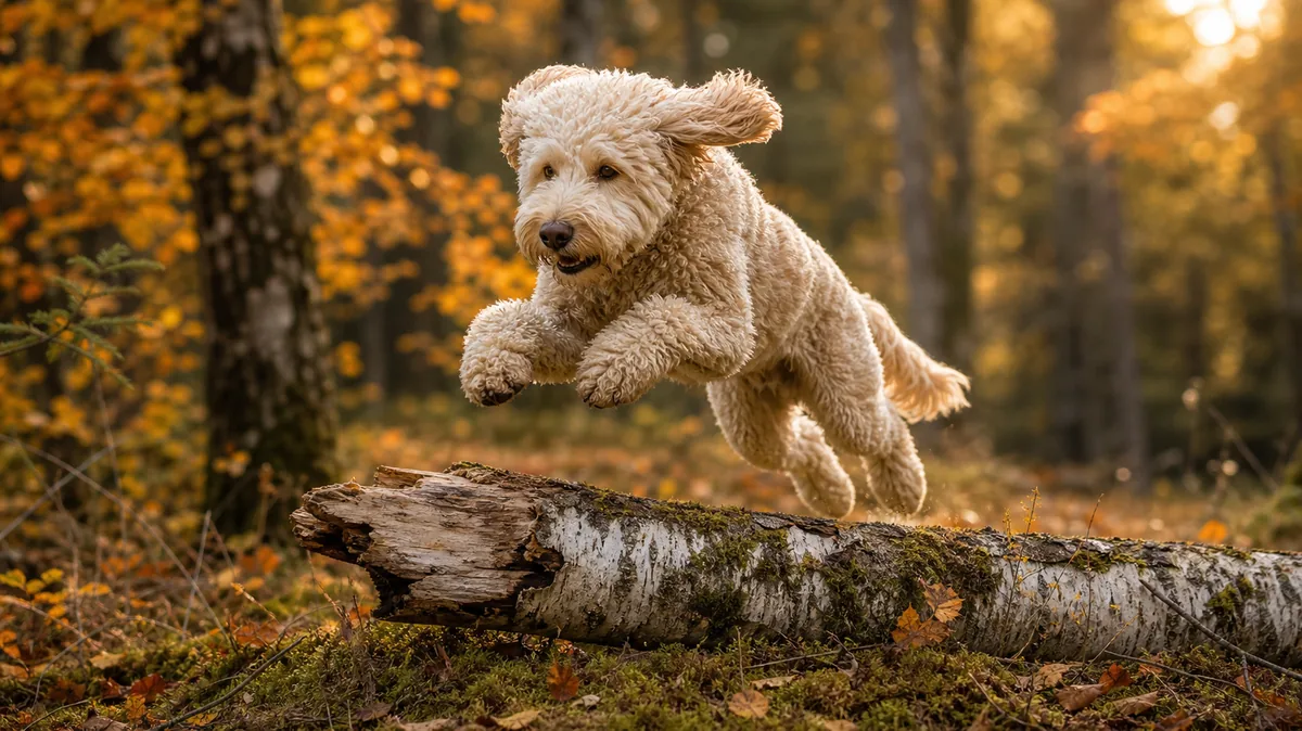 Cremefarbener Doodle springt über einen liegenden Birkenstamm auf einer herbstlichen Waldlichtung, goldenes Nachmittagslicht