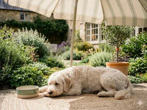 Bordoodle liegt im Schatten unter Sonnenschirm