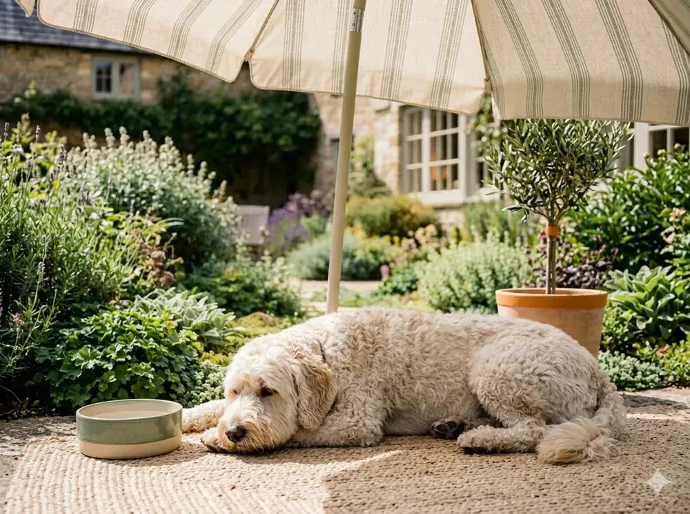 Bordoodle liegt im Schatten unter Sonnenschirm