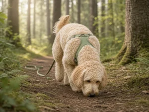 Doodle in Geschirr folgt einer Geruchsspur im Wald