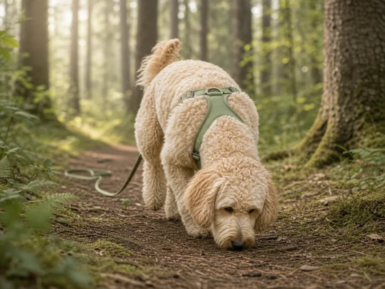 Doodle in Geschirr folgt einer Geruchsspur im Wald