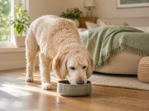 Senior-Doodle frisst aus einem Keramiknapf im Wohnzimmer