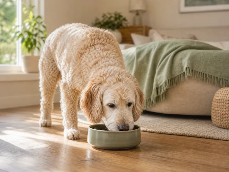 Senior-Doodle frisst aus einem Keramiknapf im Wohnzimmer