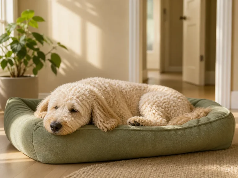 Doodle ruht entspannt auf einem Hundebett im Wohnzimmer