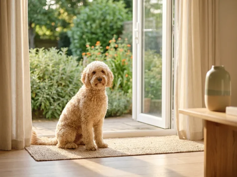 Labradoodle wartet geduldig an der geöffneten Gartentür