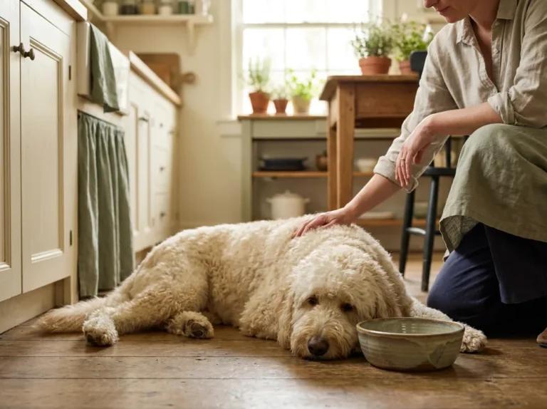 Goldendoodle liegt ruhig neben seinem Napf, Halterin beruhigt ihn