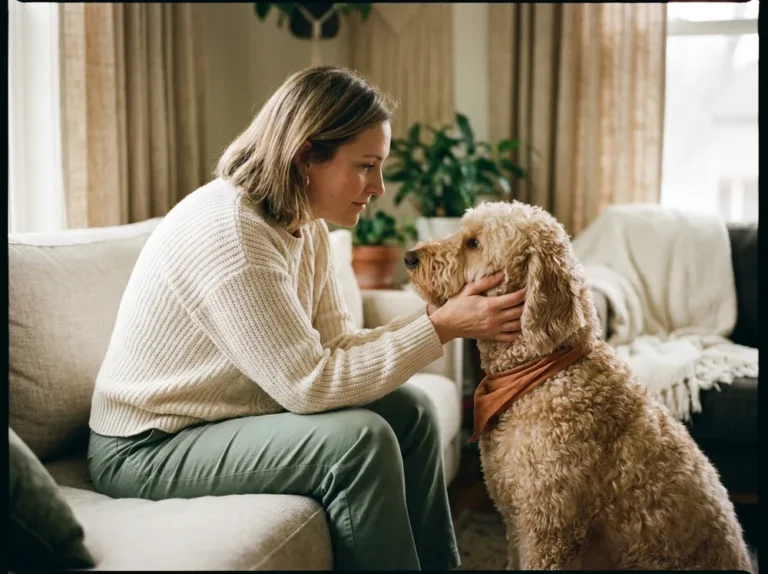 Halterin hält behutsam den Kopf ihres Goldendoodles