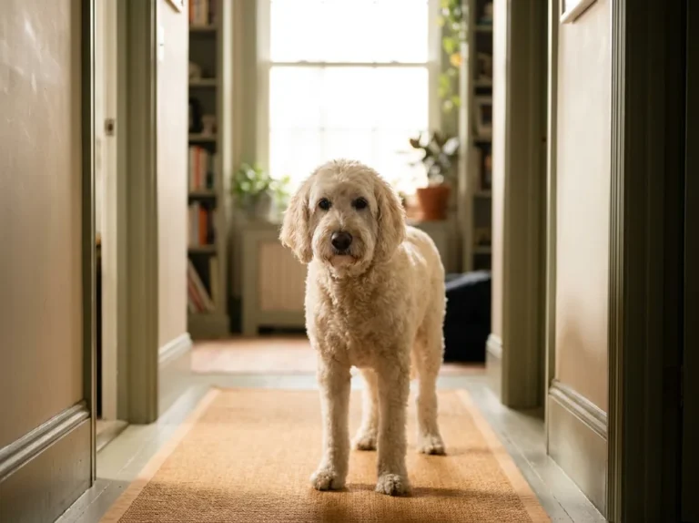 Senior-Doodle steht ruhig in einem hellen Flur
