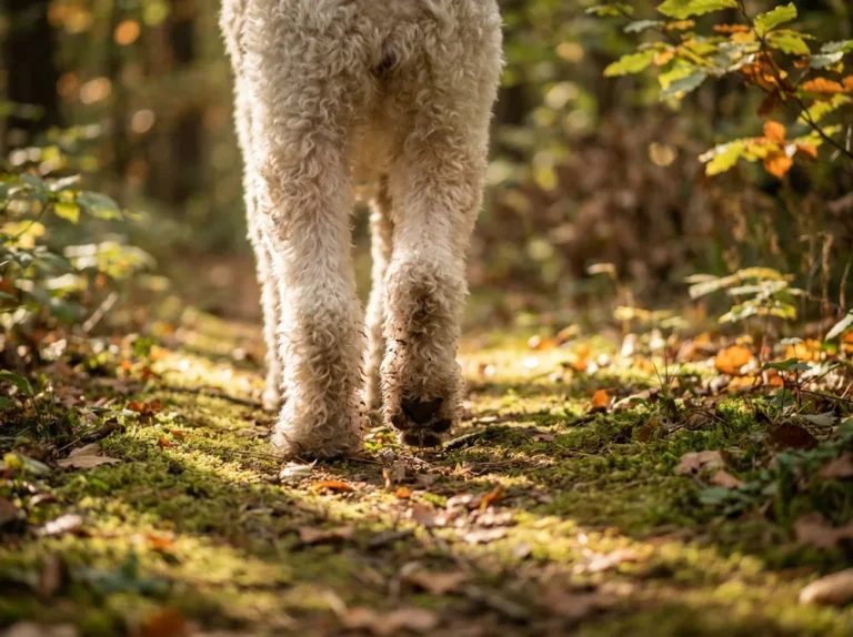 Doodle-Pfoten von hinten auf einem weichen Waldweg