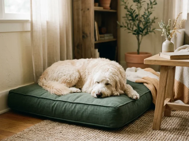 Senior-Doodle ruht auf einem orthopädischen Hundekissen