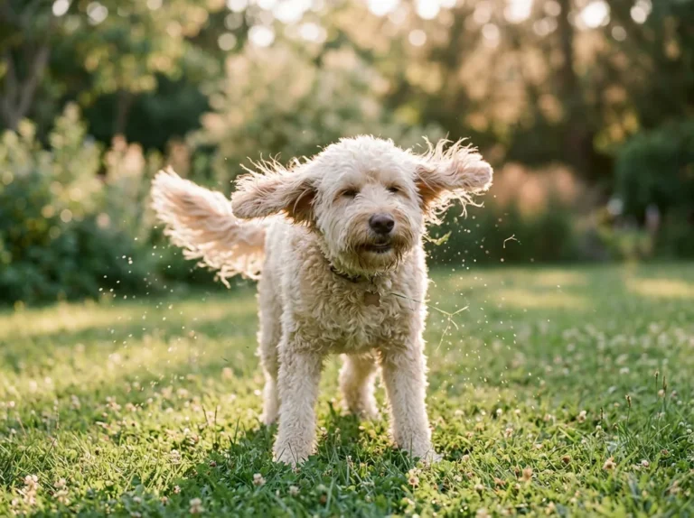 Doodle schüttelt sich auf einer Wiese, Fell in Bewegung