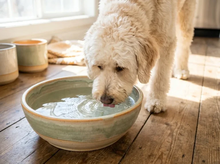 Doodle trinkt aus einer großen Wasserschale
