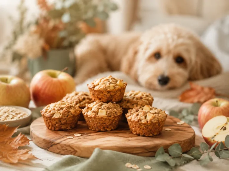 Apfel-Muffins für Hunde auf einem Holzbrett, Äpfel daneben