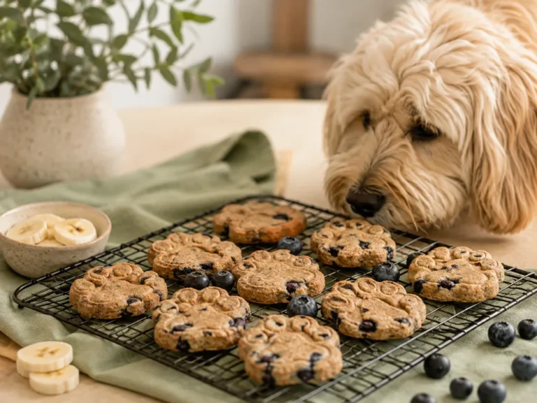 Bananen-Blaubeer-Kekse für Hunde auf einem Kuchengitter