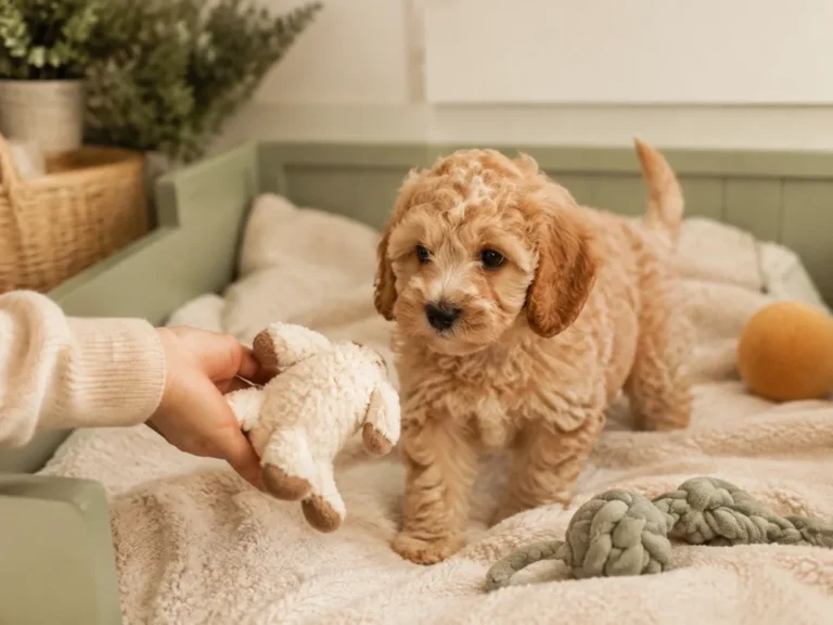 Cockapoo-Welpe erkundet die Wurfkiste, Hand einer Züchterin hält ein Spielzeug