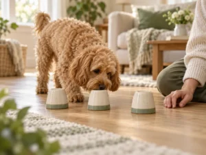 Apricotfarbener Cockapoo stupst mit der Nase einen von drei umgedrehten Bechern auf hellem Holzboden an