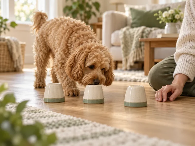 Apricotfarbener Cockapoo stupst mit der Nase einen von drei umgedrehten Bechern auf hellem Holzboden an