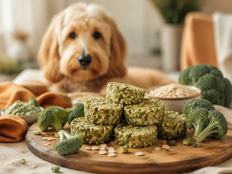 Brokkoli-Häppchen für Hunde auf einem Holzbrett