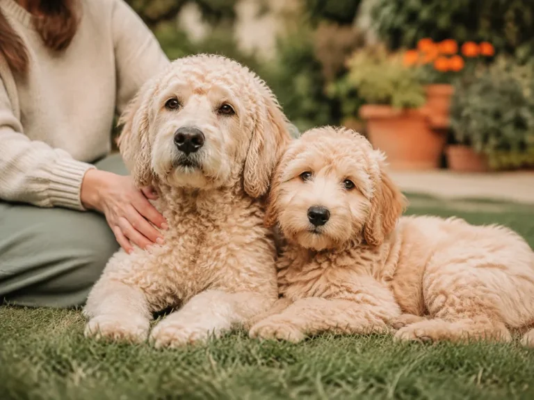Alter Doodle mit grauer Schnauze liegt neben einem jungen Doodle im Garten