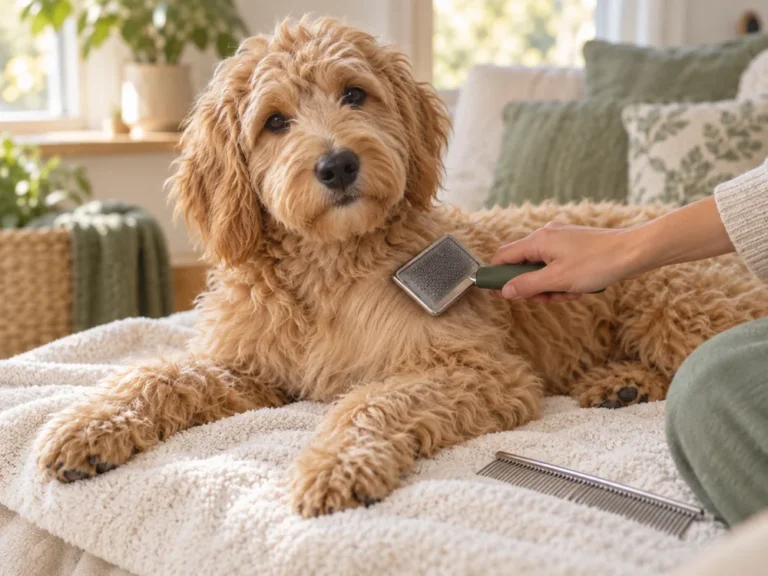 Junger apricotfarbener Goldendoodle liegt auf einem Handtuch, eine Hand bürstet sein welliges Fell