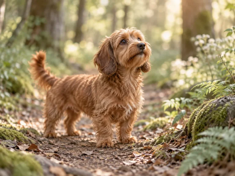Kleiner rotbrauner Doxiepoo mit welligem Fell und kurzen Beinen steht neugierig auf einem Waldweg
