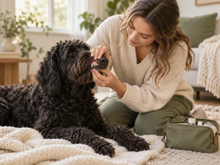 Eine Frau kniet neben einem ruhig liegenden schwarzen Goldendoodle und hebt vorsichtig seine Lefze an