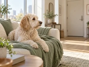 Cremefarbener Labradoodle liegt entspannt auf einer Decke im hellen Wohnzimmer und blickt zur Wohnungstür