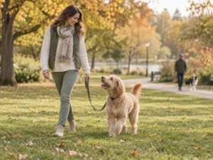 Halterin führt einen Goldendoodle an lockerer Leine in weitem Bogen an einem anderen Hund vorbei