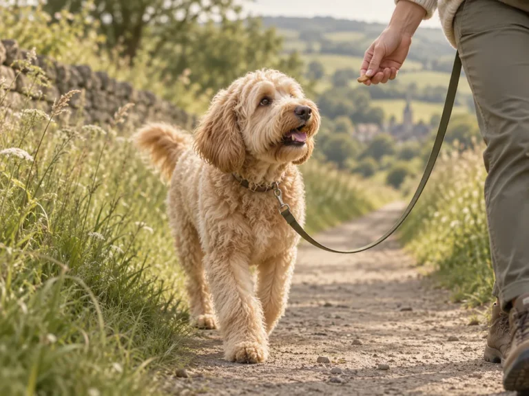 Apricotfarbener Labradoodle an lockerer Leine auf einem Feldweg, eine Hand hält ein Leckerli bereit