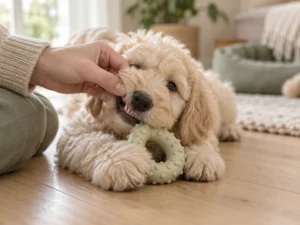 Cremefarbener Labradoodle-Welpe kaut auf einem hellen Gummispielzeug, eine Hand hebt sanft seine Lefze an