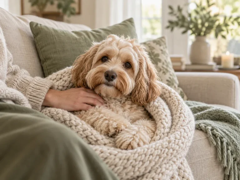 Cremefarbener Cavapoo liegt in eine helle Wolldecke gewickelt auf dem Sofa, eine Hand hält ihn beruhigend