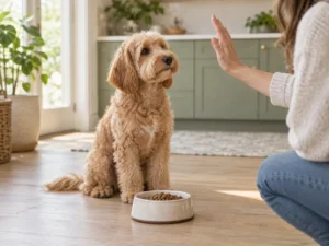 Apricotfarbener Goldendoodle sitzt wartend vor seinem Futternapf und blickt zur erhobenen Hand seiner Halterin