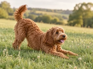 Roter Cockapoo zeigt auf einer grünen Wiese eine Spielverbeugung mit gesenktem Vorderkörper und erhobener Rute