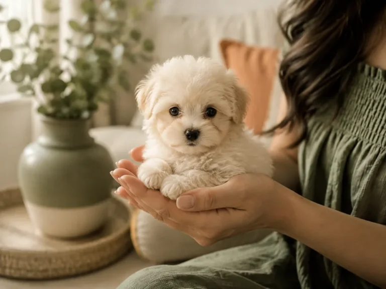 Winziger Maltipoo-Welpe in den Händen einer Frau am Fenster
