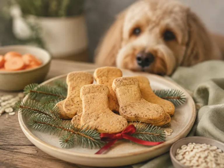Stiefelförmige Hundekekse auf einem Weihnachtsteller