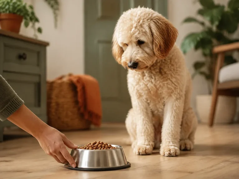 Doodle wartet geduldig neben einem Napf mit Hundefutter