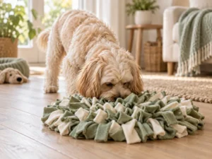 Cremefarbener Cavapoo schnüffelt mit der Nase in einem Fleece-Schnüffelteppich in Salbeigrün und Creme