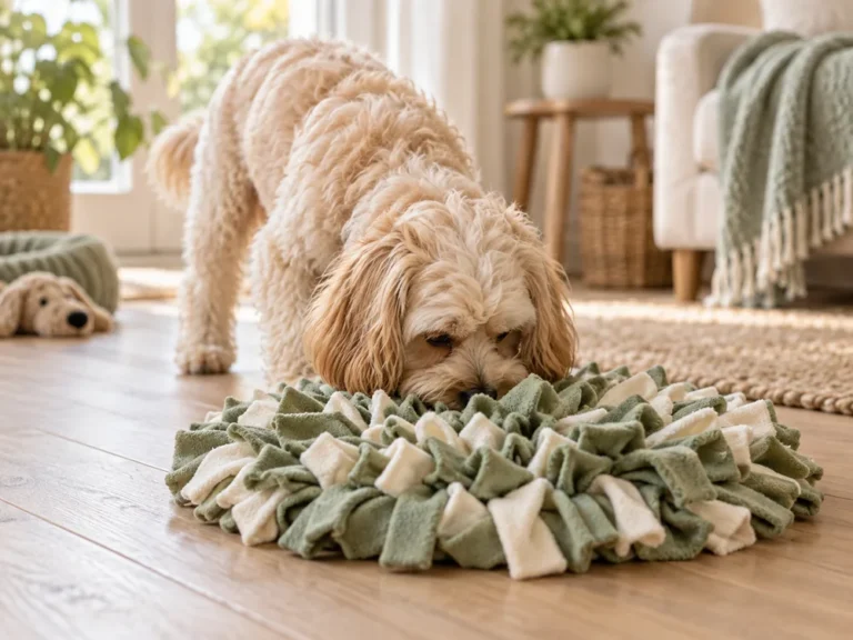 Cremefarbener Cavapoo schnüffelt mit der Nase in einem Fleece-Schnüffelteppich in Salbeigrün und Creme