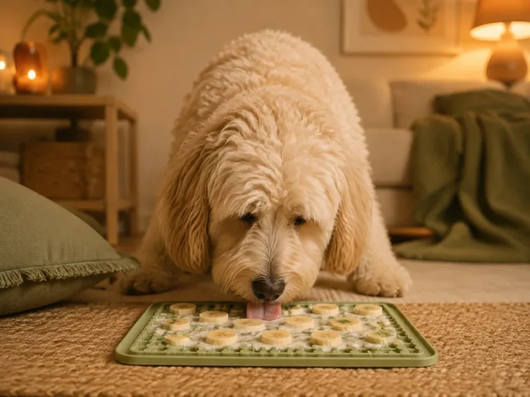 Doodle leckt entspannt an einer Schleckmatte mit Joghurt-Bananen-Füllung