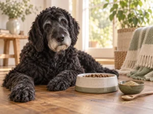 Älterer schwarzer Labradoodle liegt neben seinem Napf, dahinter eine kleine Schale mit Pflanzenpulver