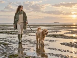 Apricotfarbener Goldendoodle an langer Leine im Watt bei Ebbe, daneben eine Frau in Gummistiefeln