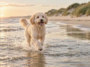 Cremefarbener Labradoodle läuft am Ostseestrand durch seichtes Wasser, im Hintergrund Dünen mit Strandhafer
